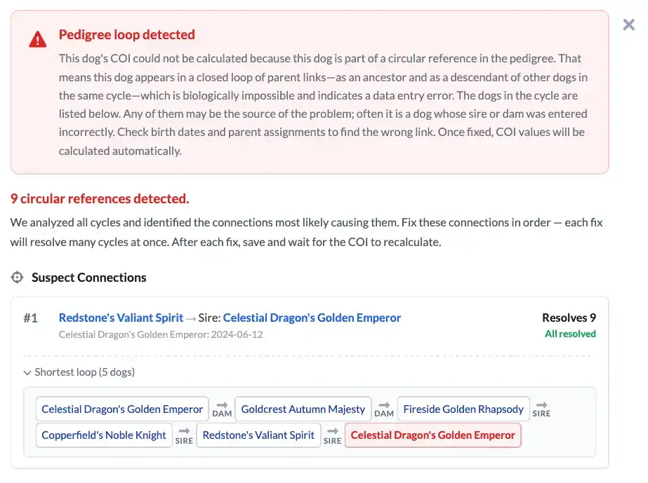 Dog Breeder Pro circular reference detection screen showing a flagged pedigree error where a dog appears as its own ancestor, with an explanation of the issue and steps to resolve it.