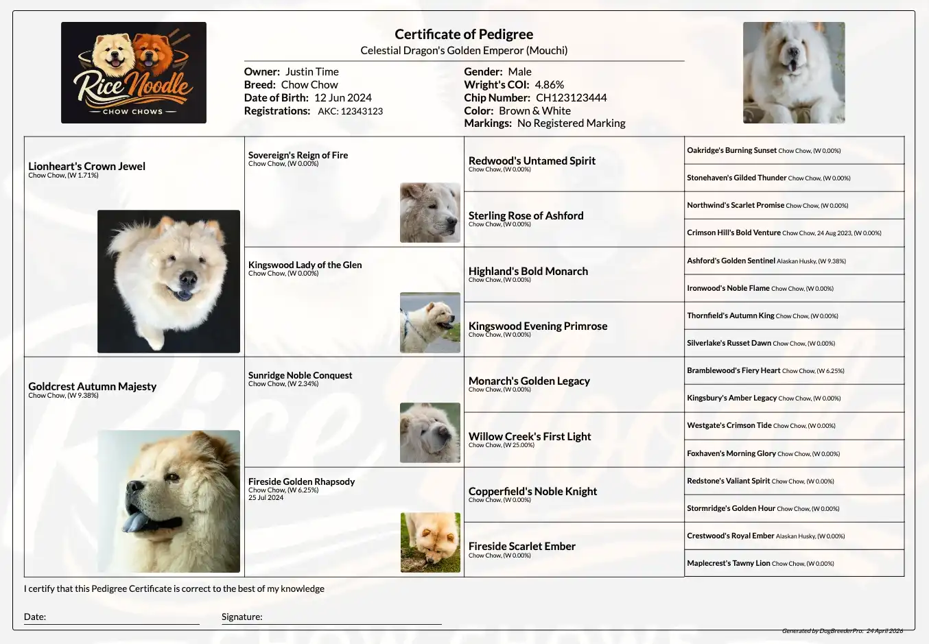 A professionally styled pedigree document generated by Dog Breeder Pro, showing a multi-generation pedigree layout with the breeder's kennel logo, custom colors, and dog details formatted for print.