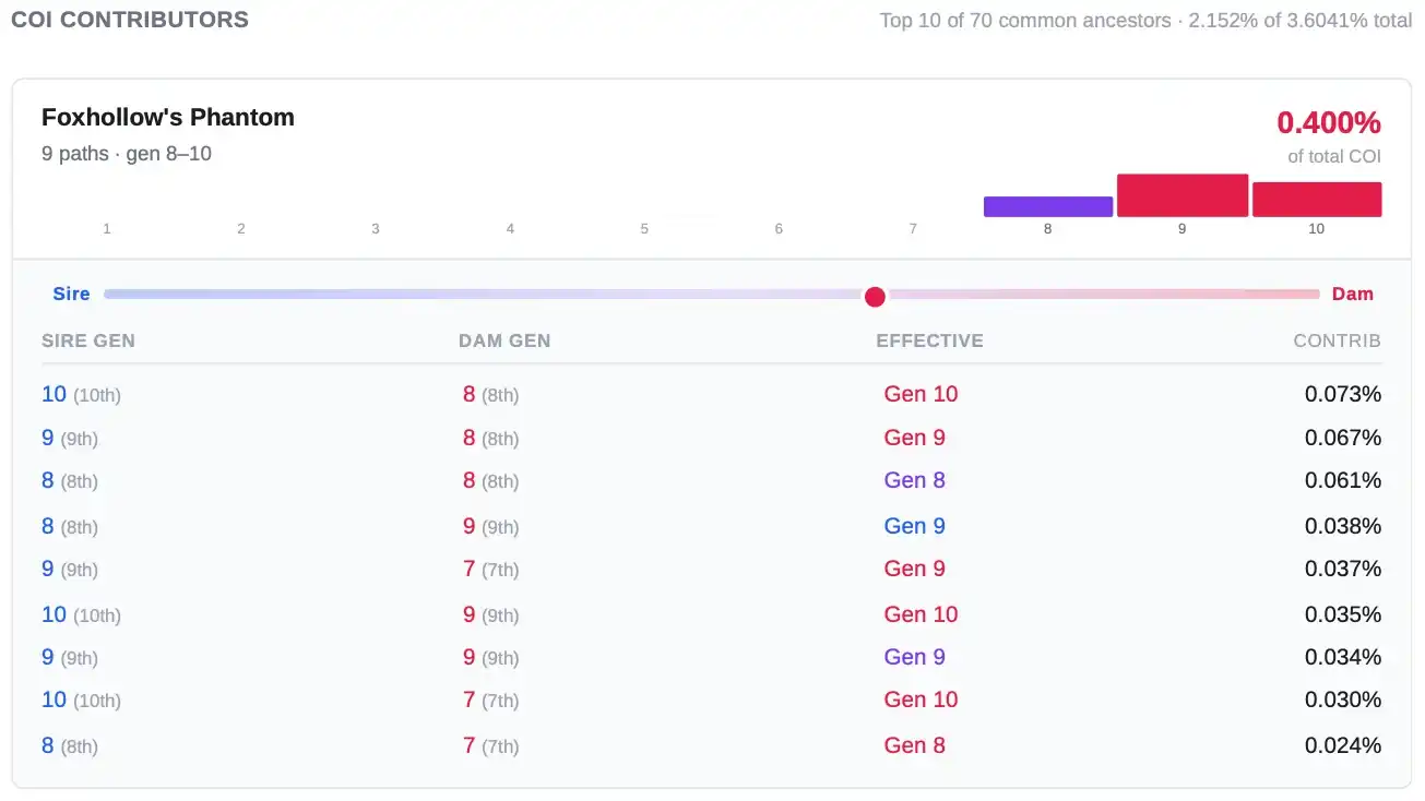 COI Contributors section listing the specific ancestors responsible for the inbreeding. Each ancestor shows their contribution percentage, the number of paths connecting them through the pedigree, the generation range they appear in, and a visual bar showing which paths run through the sire side and which through the dam side. A detailed table below each ancestor breaks down every individual path with sire generation, dam generation, effective generation, and contribution.